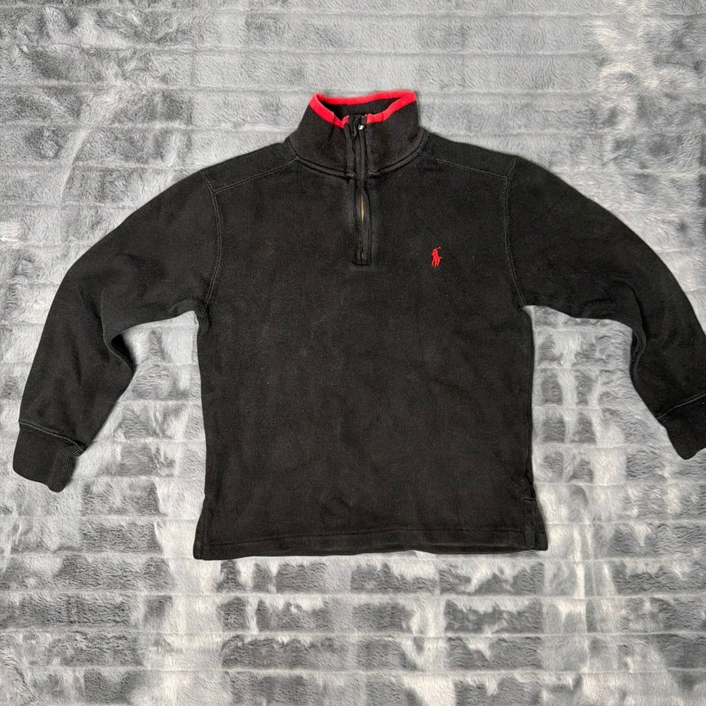 Polo Ralph Lauren Boys Black Red Trim Quarter Zip Cotton Sweater Size S 8